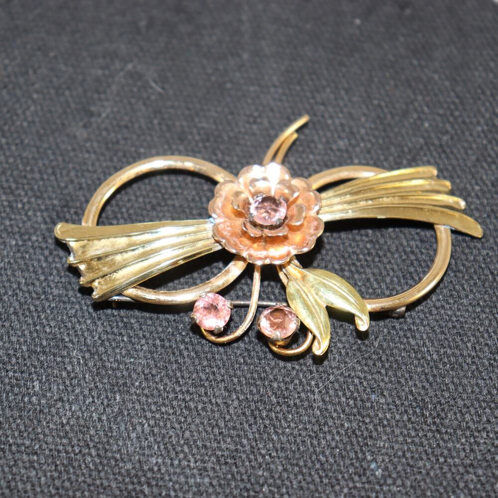 Vintage Harry Iskin‎ Floral Bow Brooch with Pink Rhinestones